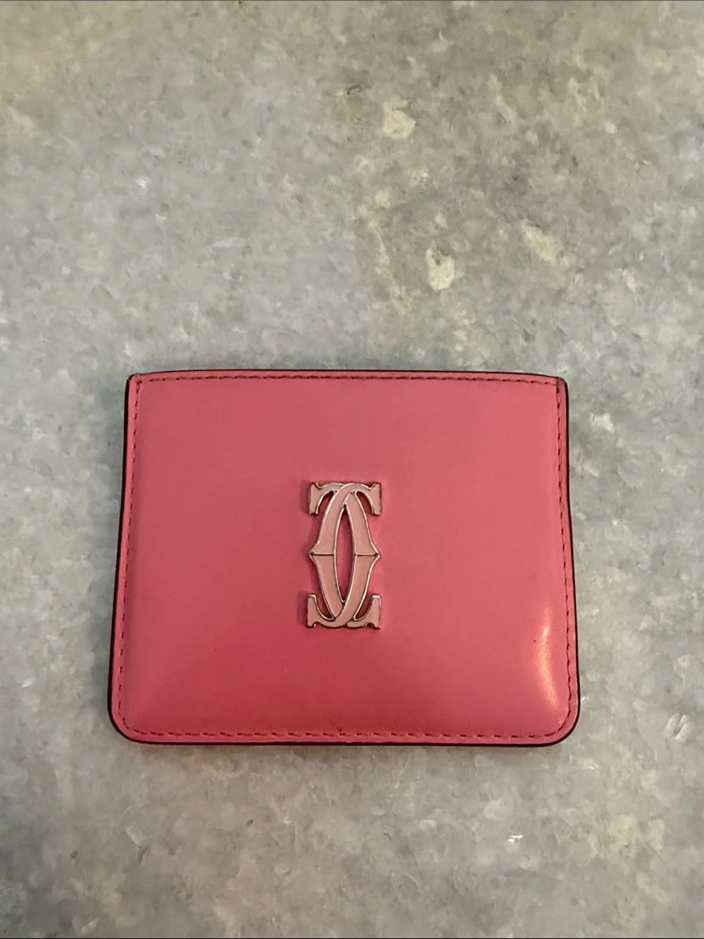 Cartier Pink Leather Card Case with Gold Double C Logo